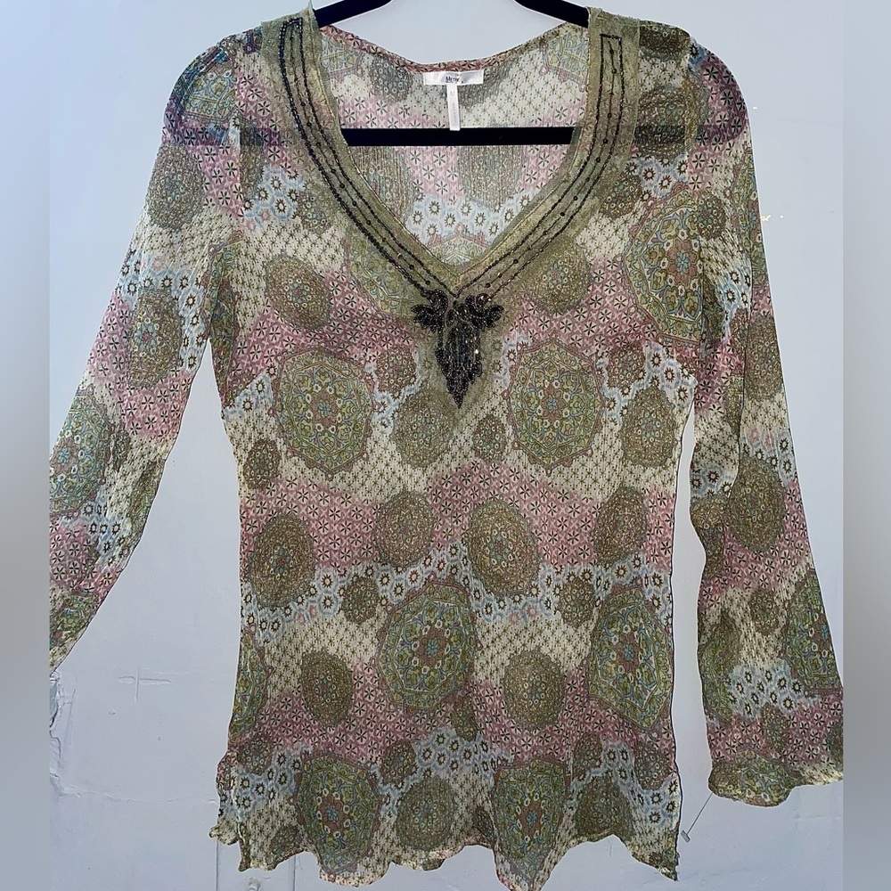 Sheer paisley green and pink top